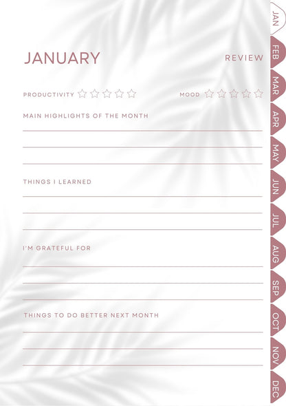 Digital Monthly Journal & Planner (38 Pages) | Hyperlinked Yearly & Monthly Planner with Notes & Reflection Pages | Undated Digital Journal