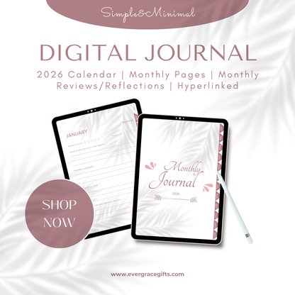 Digital Monthly Journal & Planner (38 Pages) | Hyperlinked Yearly & Monthly Planner with Notes & Reflection Pages | Undated Digital Journal