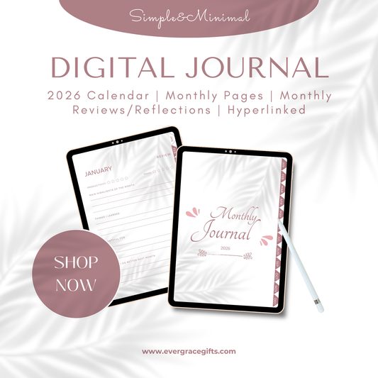 Digital Monthly Journal & Planner (38 Pages) | Hyperlinked Yearly & Monthly Planner with Notes & Reflection Pages | Undated Digital Journal